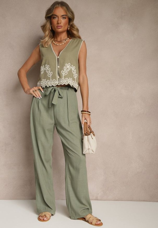 Renee - Zielone Klasyczne Spodnie High Waist z Lnu i Bawełny Wiązane w Talii Linelira. Okazja: na co dzień. Stan: podwyższony. Kolor: zielony. Materiał: bawełna, len. Styl: klasyczny