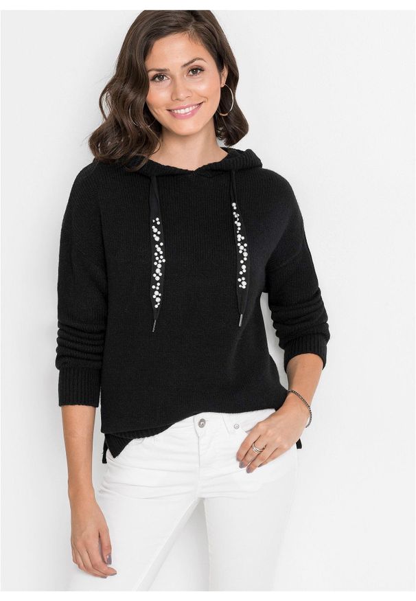 bonprix - Sweter oversize. Typ kołnierza: kaptur. Kolor: czarny. Długość rękawa: długi rękaw. Długość: długie