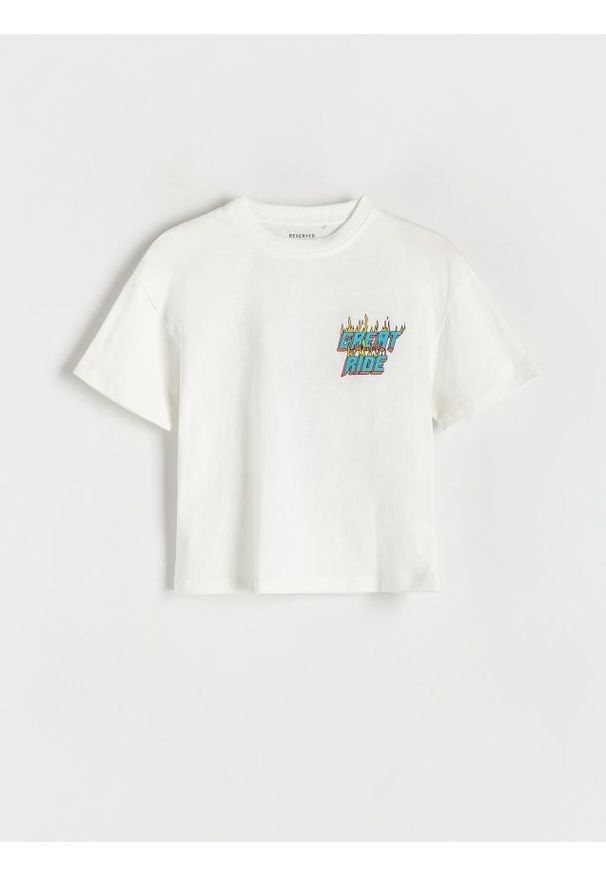 Reserved - T-shirt oversize z nadrukiem - złamana biel. Materiał: dzianina, bawełna. Wzór: nadruk