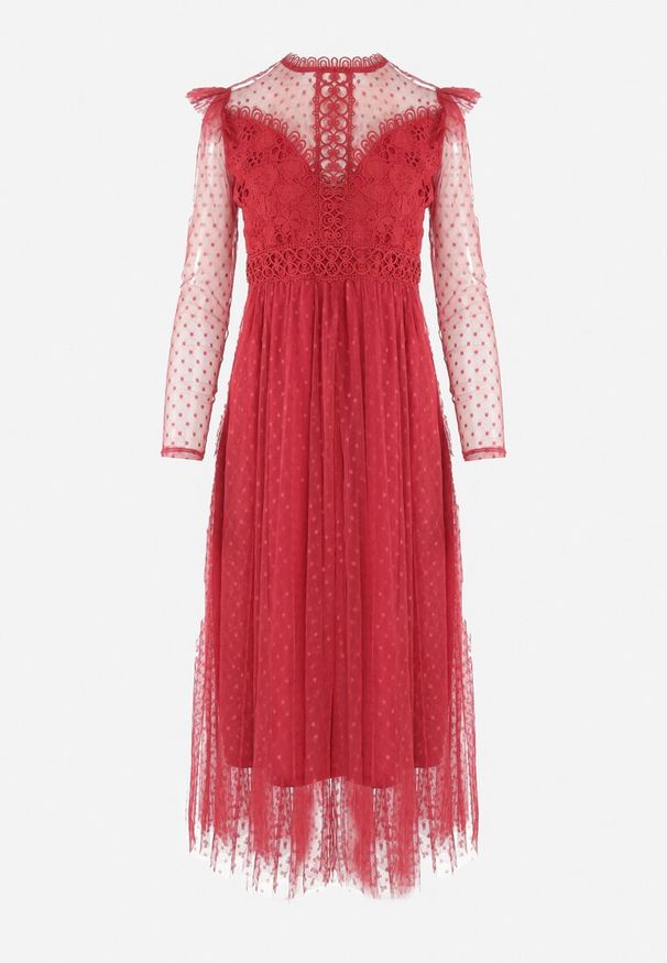 Born2be - Bordowa Sukienka z Koronką i Tiulem Nemila. Okazja: na co dzień. Typ kołnierza: dekolt w łódkę. Kolor: czerwony. Materiał: koronka, tiul. Wzór: koronka. Typ sukienki: proste. Styl: casual