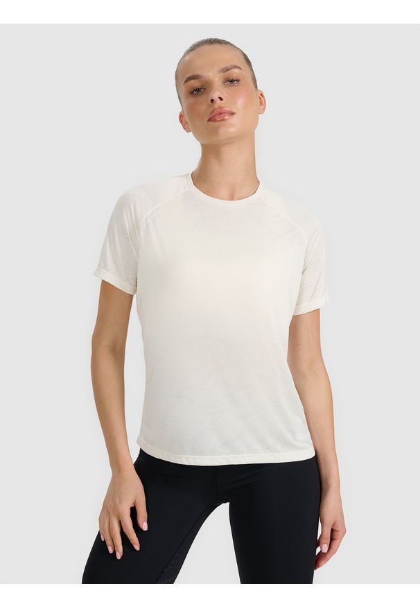 4f - 4F Koszulka do biegania regular szybkoschnąca damska - biała M. Kolor: biały. Materiał: tkanina, włókno, materiał. Długość rękawa: raglanowy rękaw