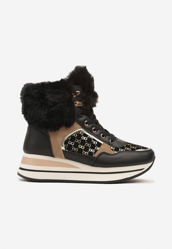 Renee - Czarne Sneakersy na Platformie z Metalicznymi Wstawkami i Futerkiem Miavora. Okazja: na co dzień. Nosek buta: okrągły. Zapięcie: sznurówki. Kolor: czarny. Materiał: futro. Obcas: na platformie