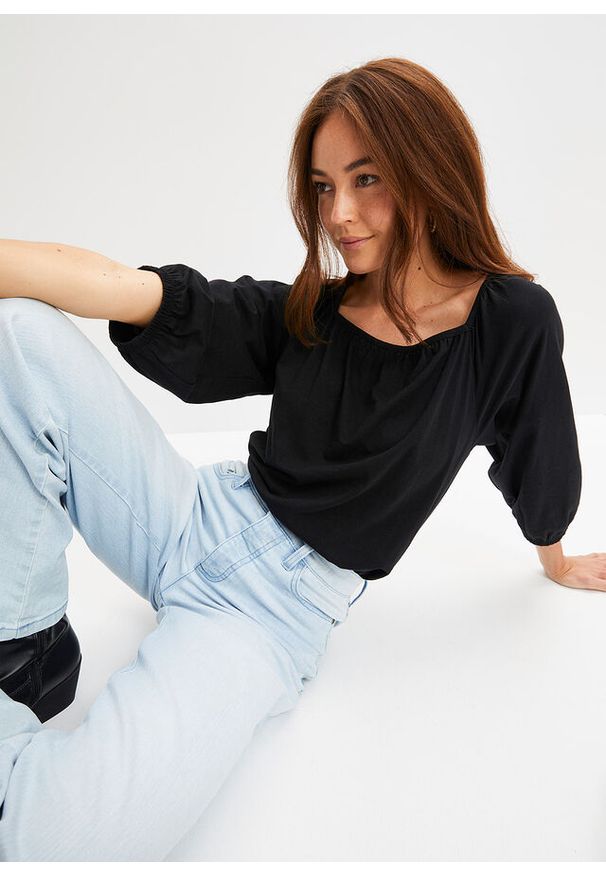 bonprix - Bluzka z czystej bawełny organicznej. Typ kołnierza: dekolt w karo. Kolor: czarny. Materiał: bawełna