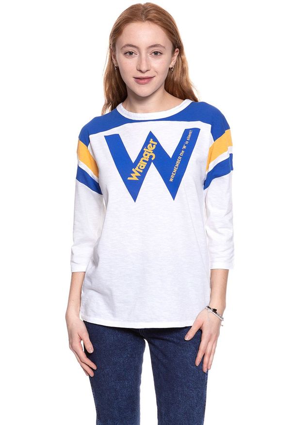 Wrangler - WRANGLER T SHIRT DAMSKI B&Y LS LOOSE TEE WHITE W723LEA12 112130926. Wzór: nadruk