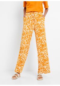bonprix - Spodnie z dżerseju z wiskozy, z wygodnym paskiem w talii. Kolor: pomarańczowy. Materiał: wiskoza, jersey. Wzór: nadruk. Styl: elegancki
