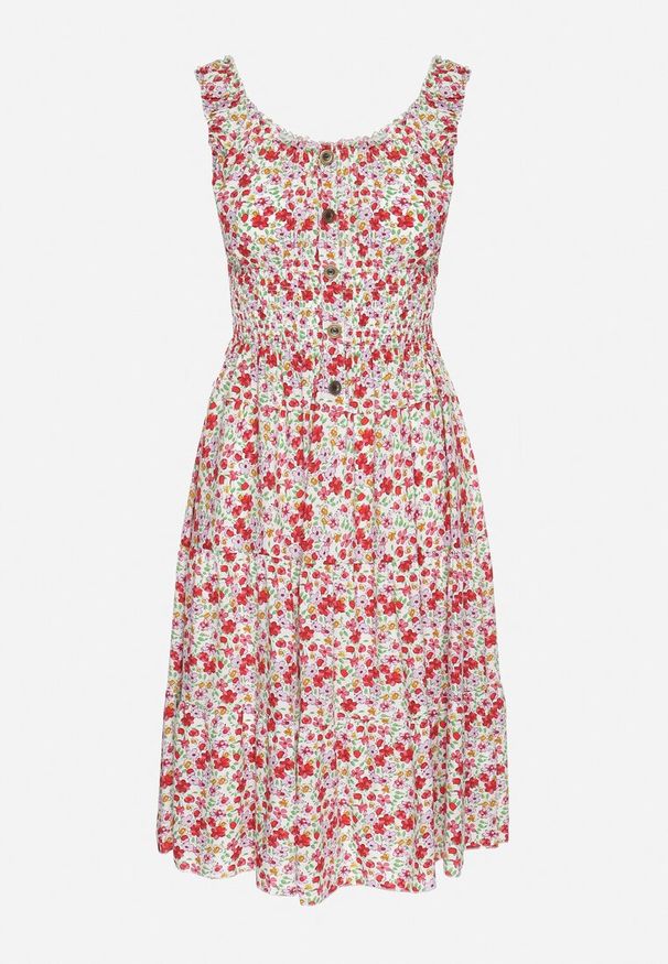 Born2be - Biało-Różowa Sukienka Bawełniana Rozkloszowana w Kwiaty z Guzikami Ronzea. Okazja: na spacer. Kolor: biały. Materiał: bawełna. Wzór: kwiaty. Sezon: lato. Typ sukienki: rozkloszowane. Styl: elegancki, klasyczny