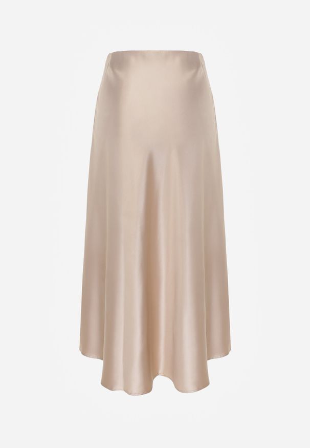 Born2be - Beżowa Rozkloszowana Midi Spódnica Satynowa Zapinana na Suwak z Gumką w Pasie Williwarne. Okazja: do pracy, na co dzień, na spotkanie biznesowe. Kolor: beżowy. Materiał: satyna. Styl: biznesowy, casual