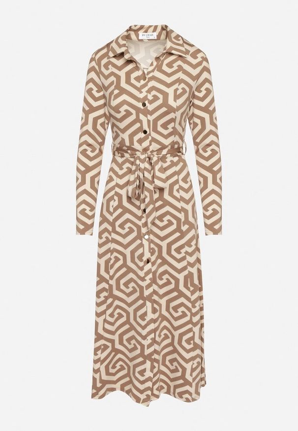 Born2be - Beżowa Koszulowa Sukienka z Wiskozą Paskiem i Geometrycznym Motywem Erislevia. Okazja: na spacer, na co dzień. Typ kołnierza: dekolt w kształcie V. Kolor: beżowy. Materiał: wiskoza. Długość rękawa: długi rękaw. Wzór: geometria. Typ sukienki: koszulowe. Styl: klasyczny, casual, elegancki