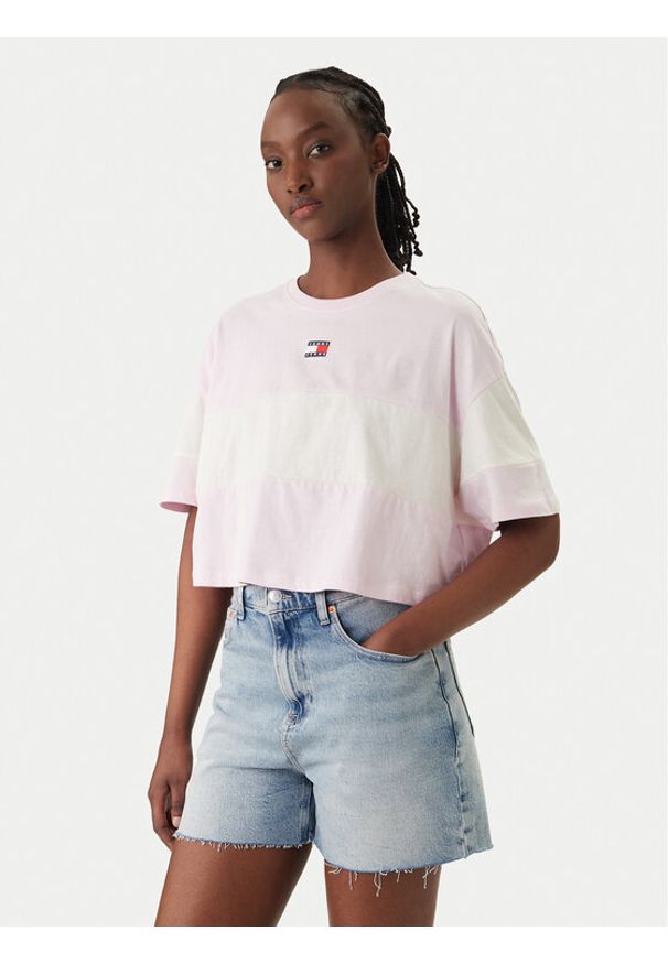 Tommy Jeans T-Shirt Badge Colour-Blocked DW0DW18706 Różowy Oversize. Kolor: różowy. Materiał: bawełna