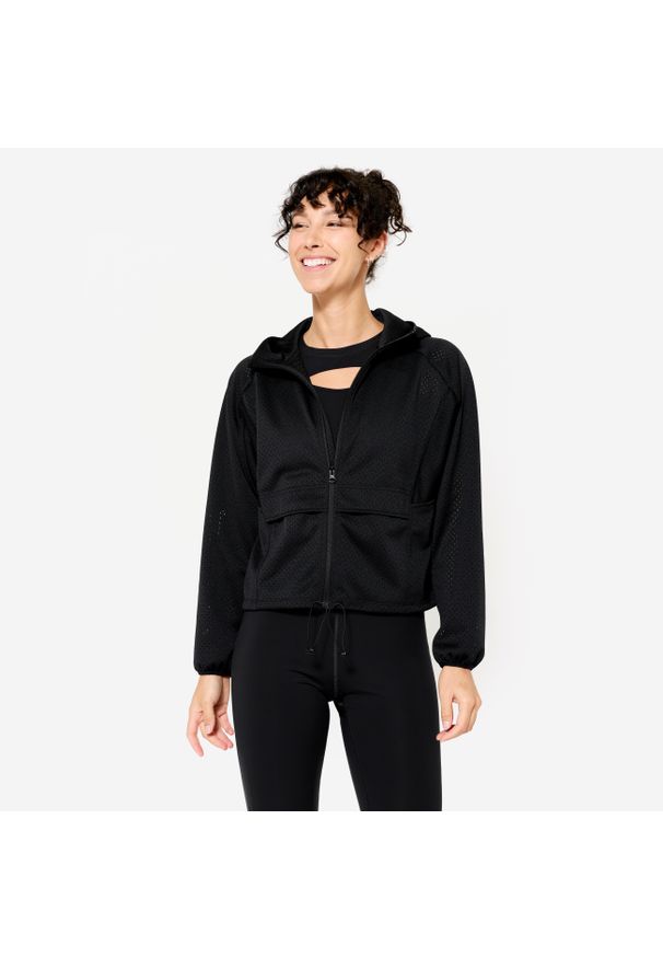 DOMYOS - Bluza na zamek damska Domyos fitness. Kolor: czarny. Materiał: materiał, poliester. Sport: fitness