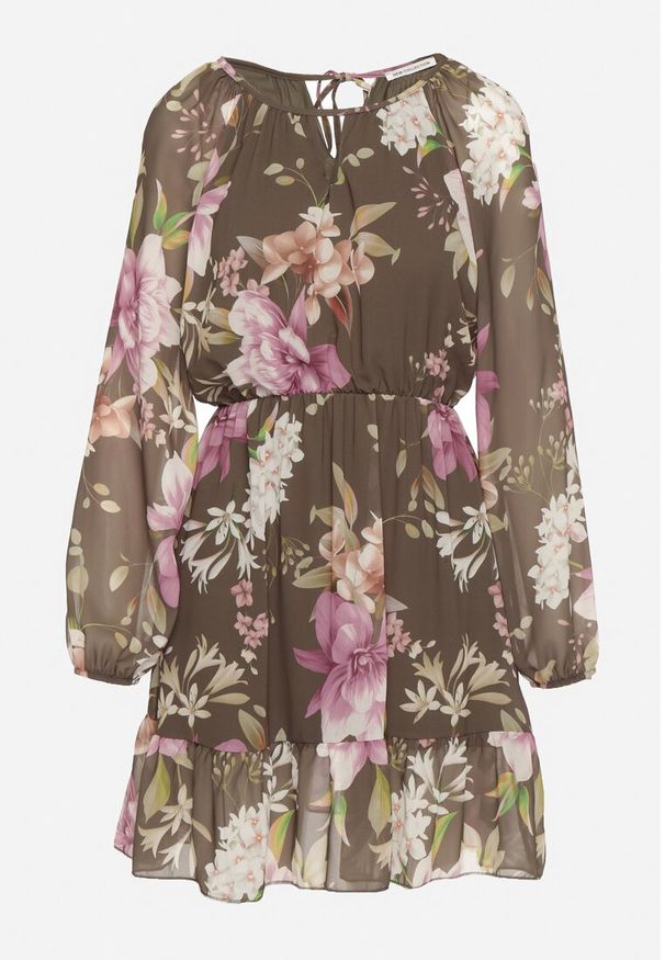 Born2be - Ciemnozielona Sukienka o Rozkloszowanym Kroju w Kwiaty Zeramera. Okazja: na co dzień. Kolor: zielony. Materiał: wiskoza. Długość rękawa: długi rękaw. Wzór: kwiaty. Typ sukienki: rozkloszowane. Styl: casual