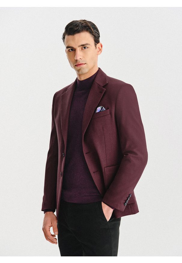 Pako Lorente - PAKO LORENTE – Bordowa marynarka z wełną i jedwabiem. Kolor: czerwony. Materiał: jedwab, wełna. Wzór: prążki