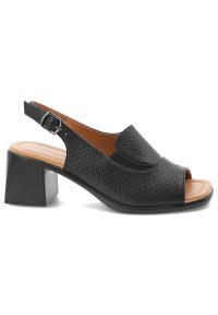 Sandały damskie Vinceza, cholewka ze skóry naturalnej licowej z perforacją odkryty przód elegancki fason na stabilnym obcasie, czarne, 66920. Kolor: czarny. Materiał: skóra. Obcas: na obcasie. Styl: elegancki. Wysokość obcasa: średni #5