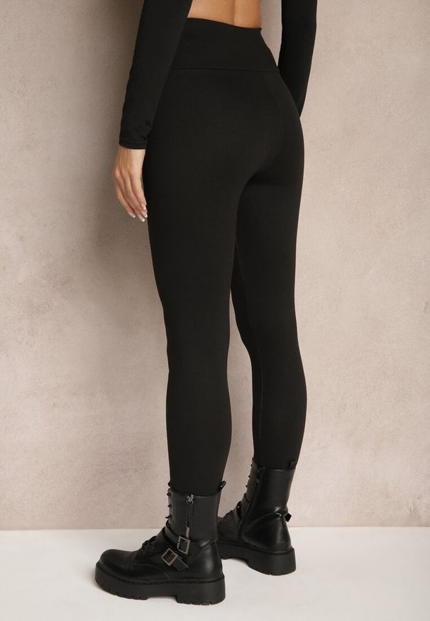 Renee - Czarne Legginsy High Waist z Szeroką Gumką w Pasie Sevini. Okazja: do domu, na co dzień. Stan: podwyższony. Kolor: czarny. Wzór: aplikacja, bez wzorów. Styl: casual