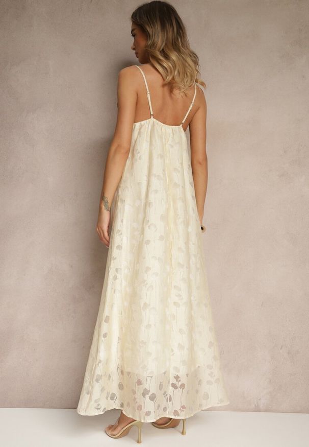 Renee - Beżowa Trapezowa Sukienka z Wiskozą na Ramiączkach Silarisse. Okazja: na co dzień. Kolor: beżowy. Materiał: wiskoza. Długość rękawa: na ramiączkach. Typ sukienki: trapezowe. Styl: casual, elegancki