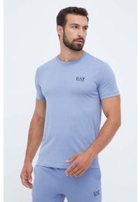EA7 Emporio Armani t-shirt bawełniany kolor niebieski z nadrukiem. Kolor: niebieski. Materiał: bawełna. Wzór: nadruk, gładki