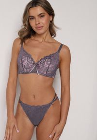 Born2be - Szaro-Różowy Koronkowy Biustonosz z Kokardką Nealenia. Kolor: szary. Materiał: koronka. Wzór: koronka #2