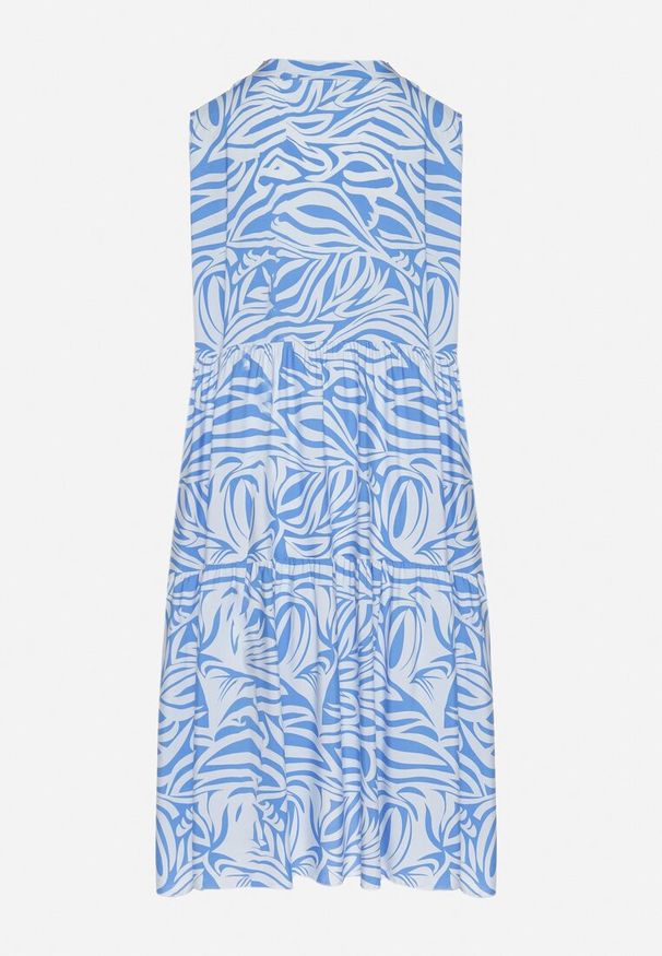 Born2be - Niebieska Bawełniana Rozkloszowana Sukienka z Geometrycznym Wzorem Annivaria. Okazja: na co dzień. Typ kołnierza: dekolt w kształcie V. Kolor: niebieski. Materiał: bawełna. Wzór: geometria. Typ sukienki: rozkloszowane. Styl: elegancki, casual, klasyczny