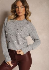 Renee - Szary Sweter z Bawełną i Cekinami Savintha. Okazja: na co dzień. Kolor: szary. Materiał: bawełna. Wzór: aplikacja. Styl: elegancki, casual