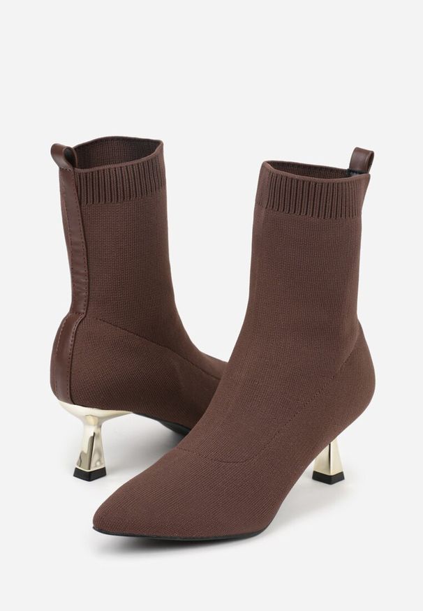 Born2be - Brązowe Botki Vices na Metalicznej Szpilce Kaczuszce ze Skarpetową Cholewką Vamige. Okazja: na co dzień. Kolor: brązowy. Materiał: jeans. Szerokość cholewki: normalna. Obcas: na szpilce. Styl: casual, klasyczny