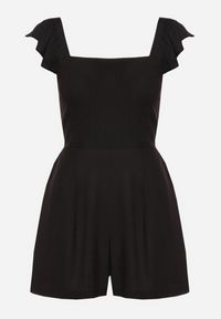 Born2be - Czarny Kombinezon Bawełniany na Ramiączkach z Falbanką i Krótkimi Nogawkami Liadia. Kolor: czarny. Materiał: bawełna. Długość rękawa: na ramiączkach. Długość: krótkie. Styl: klasyczny #2