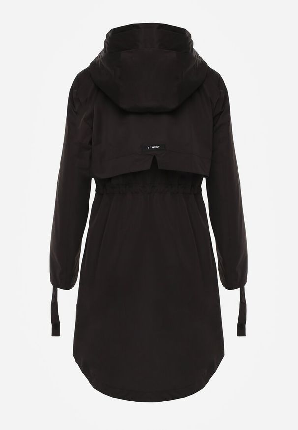 Renee - Czarna Kurtka Przejściowa Typu Parka z Odpinanym Kapturem Ozdobiona Sznurkami Fallaiah. Okazja: na co dzień. Kolor: czarny. Materiał: skóra. Wzór: aplikacja. Styl: casual