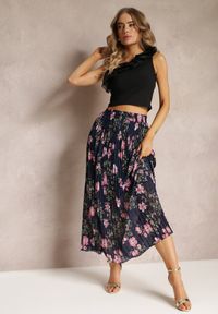 Renee - Granatowa Spódnica Ozdobiona Plisami z Gumką w Pasie i Elastyczną Podszewką Vislo. Kolor: niebieski. Wzór: aplikacja. Sezon: lato. Styl: boho #3