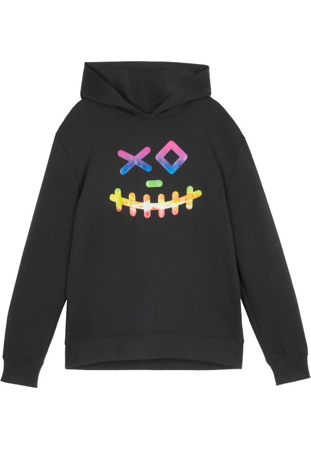 bonprix - Bluza z kapturem z miękkiej mieszanki bawełny. Typ kołnierza: kaptur. Kolor: czarny. Materiał: bawełna. Wzór: nadruk