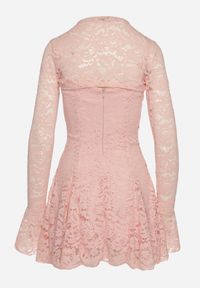 Born2be - Jasnoróżowa Rozkloszowana Sukienka Koktajlowa z Koronką i Bolerkiem Eyrfedi. Okazja: na randkę, na ślub cywilny, na wesele. Kolor: różowy. Materiał: koronka. Długość rękawa: na ramiączkach. Wzór: koronka. Styl: wizytowy #2