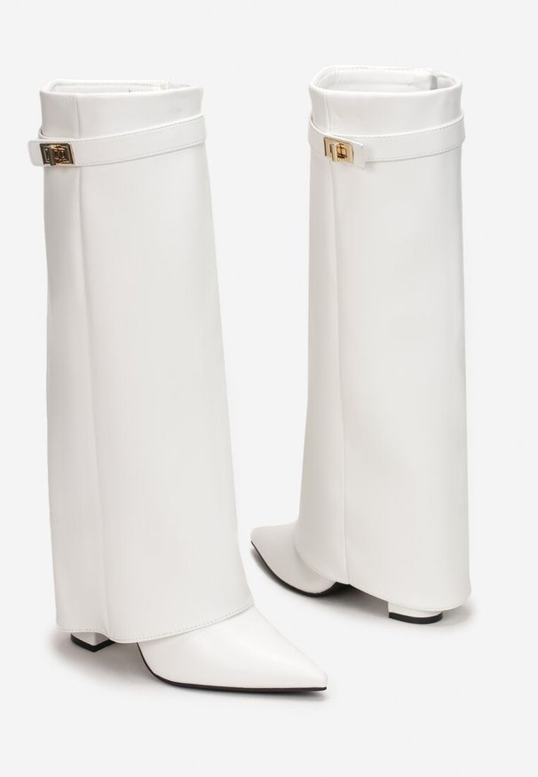 Born2be - Białe Kozaki z Szeroką Cholewką i Szpiczastym Noskiem Jazmynn. Okazja: na co dzień. Wysokość cholewki: przed kolano. Nosek buta: szpiczasty. Kolor: biały. Szerokość cholewki: szeroka. Styl: wizytowy, klasyczny, casual, elegancki