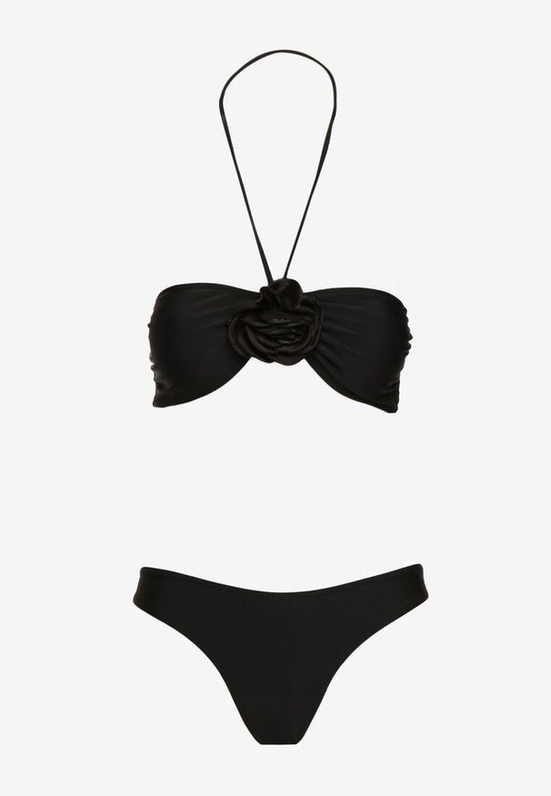 Born2be - Czarne Bikini Góra z Paskami na Szyję i Kwiatami 3D z Dodatkową Spódniczką Renzi. Kolor: czarny. Wzór: kwiaty