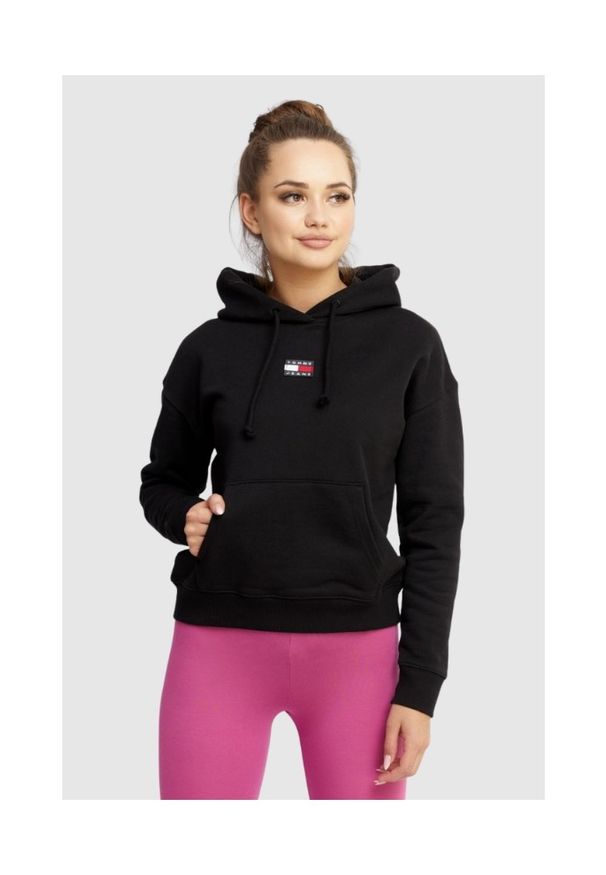 Tommy Jeans - TOMMY JEANS Czarna bluza damska z kapturem, Rozmiar XS. Typ kołnierza: kaptur. Kolor: czarny. Materiał: prążkowany. Wzór: aplikacja