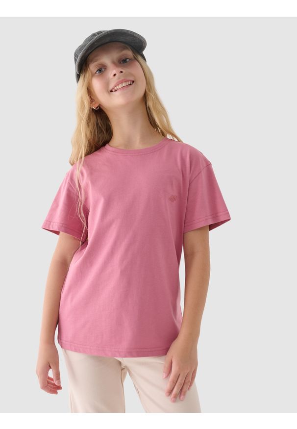 4f - 4F T-shirt gładki dziewczęcy - różowy 128 (7-8 lat). Okazja: na co dzień. Kolor: różowy. Materiał: dzianina, jersey, bawełna. Długość rękawa: krótki rękaw. Długość: krótkie. Wzór: gładki. Sezon: lato. Styl: sportowy, klasyczny, casual