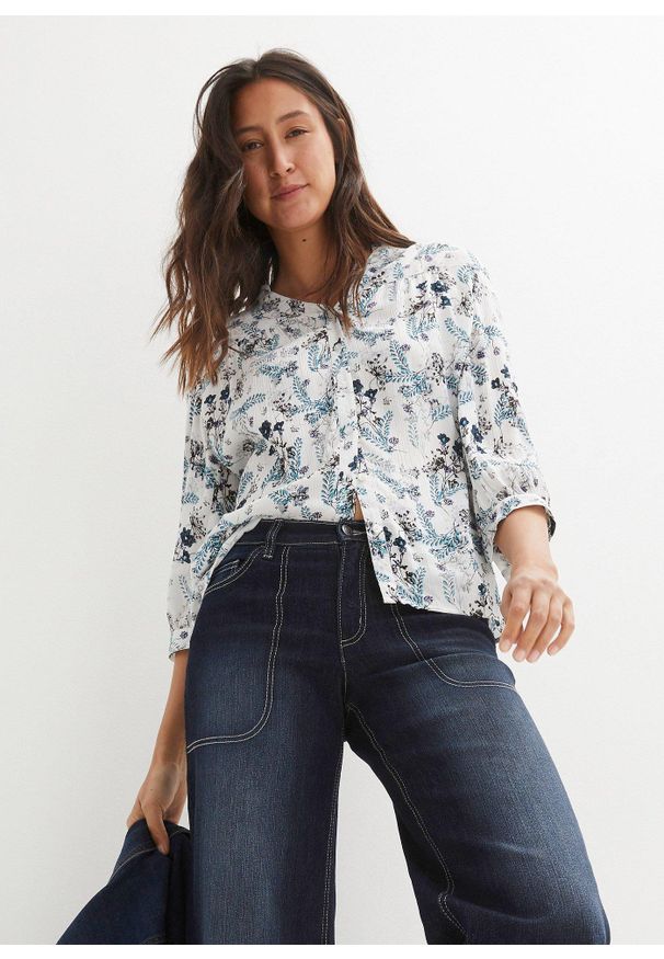 bonprix - Bluzka kreszowana z rękawami 3/4 z wywinięciem. Kolor: biały