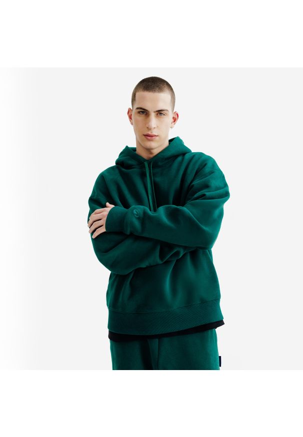 Decathlon - Bluza z kapturem męska Elementals. Typ kołnierza: kaptur. Kolor: zielony. Materiał: poliester, elastan, tkanina, prążkowany, bawełna, materiał