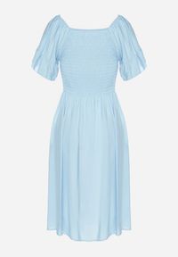 Born2be - Jasnoniebieska Rozkloszowana Sukienka Bawełniana z Bufiastymi Rękawami i Elastyczną Górą Veliova. Okazja: na co dzień. Kolor: niebieski. Materiał: bawełna. Styl: casual, elegancki #4