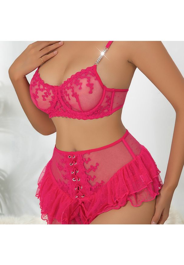 Intica - Komplet bielizny z falbanką na specjalne okazje Lynann. Kolor: różowy. Materiał: materiał. Wzór: aplikacja