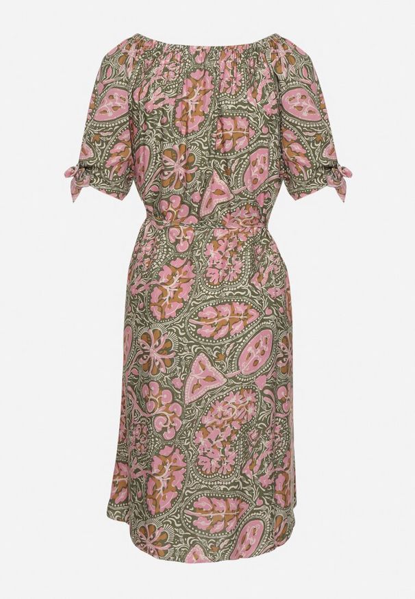 Born2be - Różowa Sukienka z Bawełny z Okrągłym Dekoltem i Wiązaniem w Pasie Tosaria. Okazja: na co dzień. Kolor: różowy. Materiał: bawełna. Sezon: lato. Styl: casual, elegancki