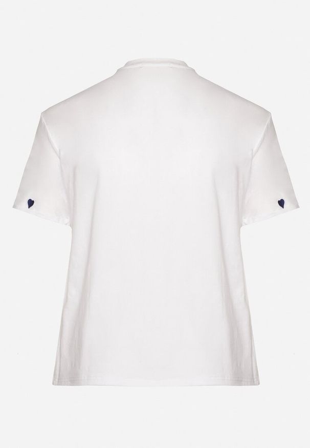 Born2be - Biało-Niebieski Bawełniany T-shirt Zdobiony Haftem w Kształcie Serc Naloree. Okazja: na co dzień. Kolekcja: plus size. Kolor: biały. Materiał: bawełna. Wzór: haft, aplikacja. Styl: klasyczny, casual, elegancki