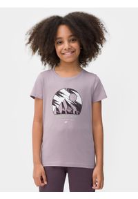 4f - T-shirt z nadrukiem dziewczęcy. Kolor: fioletowy. Materiał: bawełna. Wzór: nadruk