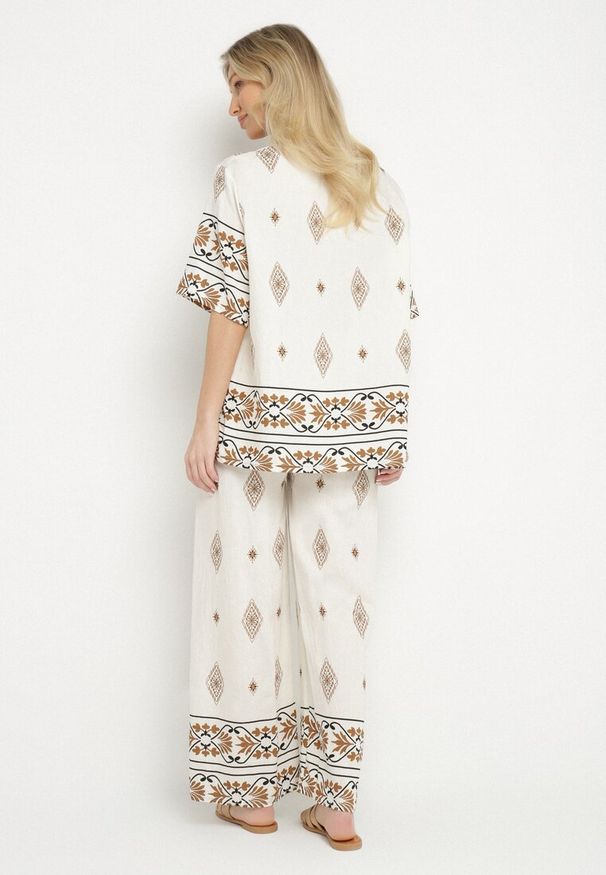 Born2be - Beżowy Komplet Wiskozowy Bluzka i Spodnie w Boho Wzór Divenna. Kolor: beżowy. Materiał: wiskoza. Wzór: aplikacja
