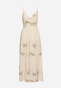 Born2be - Jasnobeżowa Sukienka Wiskozowa na Ramiączkach Ozdobiona Haftem Telanelis. Typ kołnierza: dekolt w kształcie V. Kolor: beżowy. Materiał: wiskoza. Długość rękawa: na ramiączkach. Wzór: aplikacja, haft #6