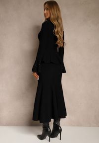 Renee - Czarny Komplet z Dzianiny z Wiskozą Spódnica i Sweter z Baskinką i Cyrkoniami Nereza. Kolor: czarny. Materiał: dzianina, wiskoza. Wzór: aplikacja #5