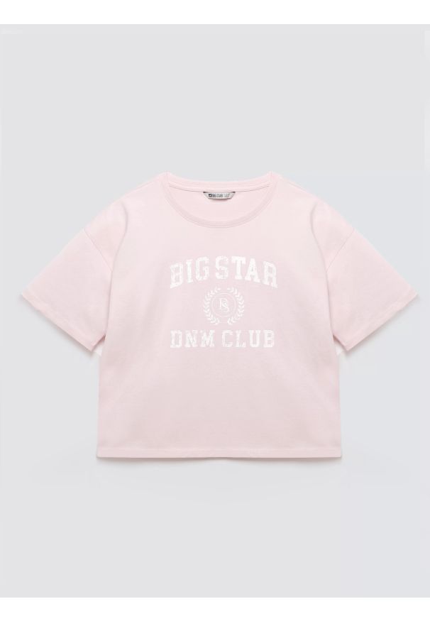Big-Star - Koszulka dziewczęca z nadrukiem różowa Minka 600. Okazja: na co dzień, na uczelnię. Kolor: różowy. Materiał: dzianina, skóra, bawełna, jeans. Długość: krótkie. Wzór: nadruk. Styl: młodzieżowy, casual, klasyczny
