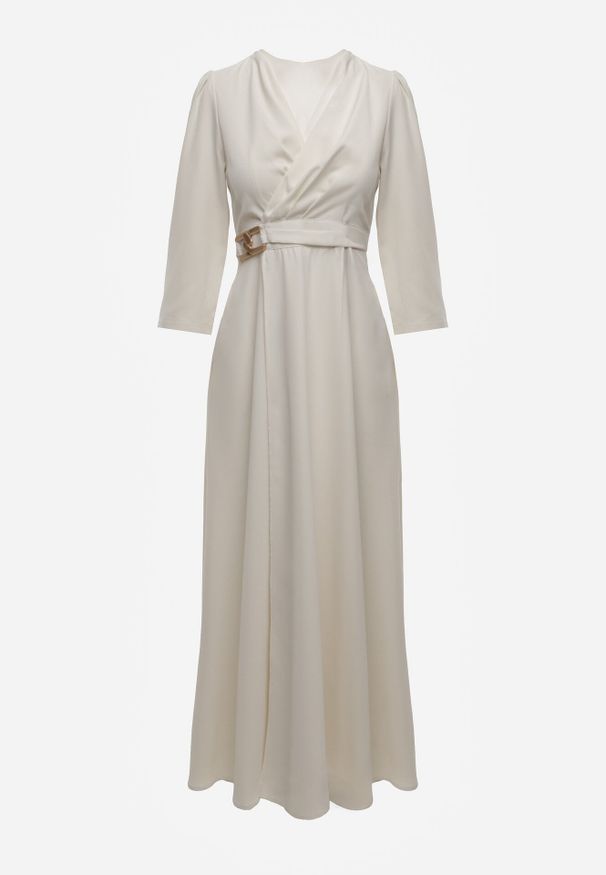 Born2be - Jasnobeżowa Kopertowa Sukienka Wieczorowa z Metaliczną Aplikacją w Talii Henalana. Okazja: na imprezę. Typ kołnierza: dekolt w serek. Kolor: beżowy. Wzór: aplikacja. Typ sukienki: kopertowe. Styl: wizytowy