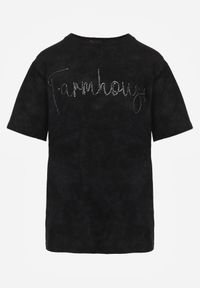 Born2be - Czarny Bawełniany T-shirt Oversize z Haftowanym Napisem z Cekinami Aewai. Okazja: na co dzień. Kolor: czarny. Materiał: bawełna. Wzór: haft, napisy. Styl: casual, elegancki #4