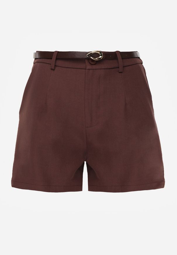 Born2be - Brązowe Eleganckie Szorty z Wysokim Stanem i Wąskim Paskiem z Klamrą Rissarah. Okazja: na co dzień. Stan: podwyższony. Kolor: brązowy. Wzór: gładki. Styl: elegancki