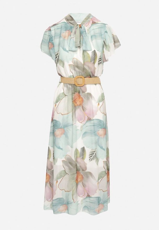 Born2be - Jasnozielona Sukienka o Rozkloszowanym Kroju z Wiązaniem przy Dekolcie i Paskiem Sorilina. Okazja: na co dzień. Kolor: zielony. Długość rękawa: krótki rękaw. Wzór: kwiaty. Styl: casual, elegancki