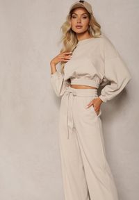Renee - Beżowy Bawełniany Komplet Bluza Krótka ze Ściągaczem i Szerokie Spodnie ze Sznurkiem w Pasie Rionnea. Kolor: beżowy. Materiał: bawełna