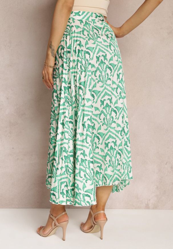 Renee - Zielona Plisowana Spódnica Maxi w Fantazyjny Print Maritha. Kolor: zielony. Materiał: satyna, tkanina. Wzór: nadruk